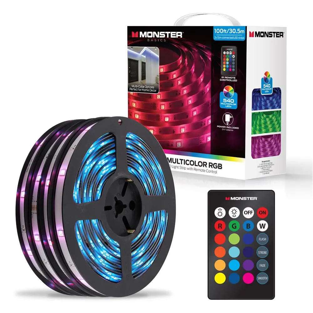 Monster 100ft Multicolor LED Light Strip, for Bedrooms,  Customizable with Remote