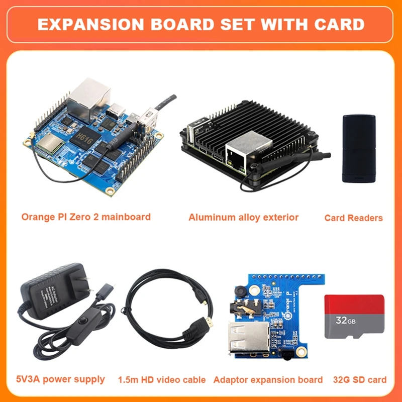 

For Orange Pi Zero2 H616 1G DDR3 Development Board+Case+Video Cable+Expansion Card+32G SD Card+Card Reader+Power