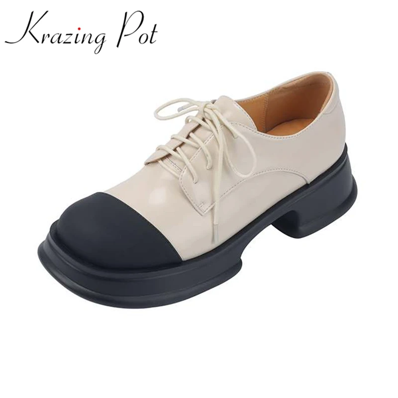 

Krazing Pot Cow Leather Women Summer Round Toe Platform Lace Up Mixed Color Preppy Style Thick Bottom British School Retro Pumps