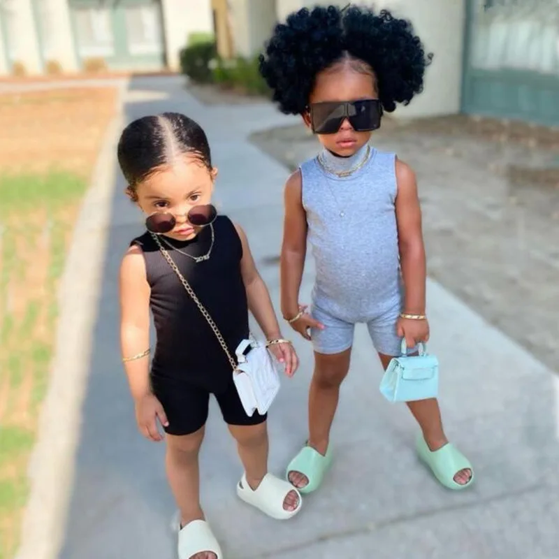 

Baby Girl Sexy Vertical Stripes Close To The Body Solid Sleeveless Jumpsuit Zipper Soft Cotton Romper One Piece Girls Outfits