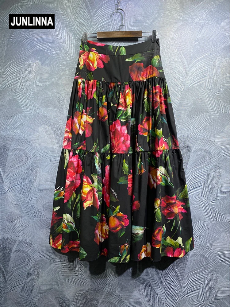 JUNLINNA Fashion Runway 100% Cotton Skirt All Season Women Elegant Flower Printed High Waist Party Holiday Half Dresses