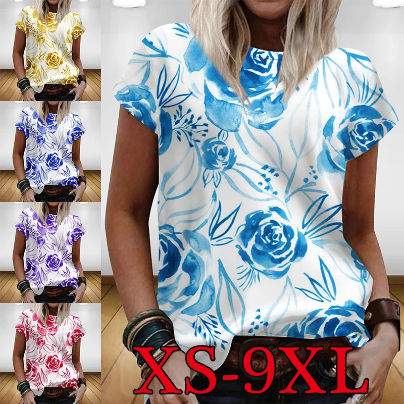 

2022 Women's Summer Casual Short Sleeves T-shirts Round Neck Plus Size Fashion Print TopXS-9XL