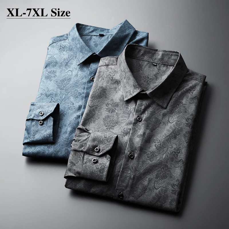 

Plus Size Men's Printed Flower Shirt Loose Business Casual Autumn Long-sleeved Shirts Tops Brand Luxury Party Dress 5XL 6XL 7XL