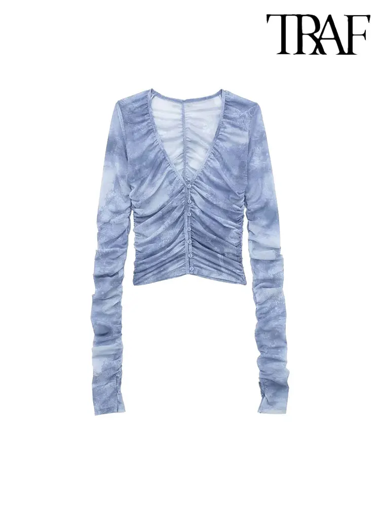 

TRAF 2023 Autumn Tulle Women Blouse Long Sleeve V Neck Buttons Ruched Skinny Shirt Female Crop Top Y2K