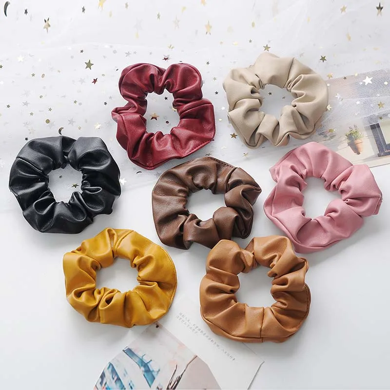 

New Fashion Soft Leather Hair Rope Tie Scrunchies Hair Accessories For Women Girls Solid Color PU Elastic Hair Band Headband