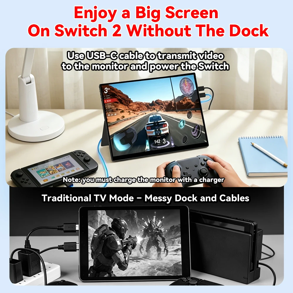 Фото Портативный монитор HAILESI S123 12,3 дюйма для Switch/Switch 2, сенсорный мини-монитор для путешествий, 1980*1280 №2