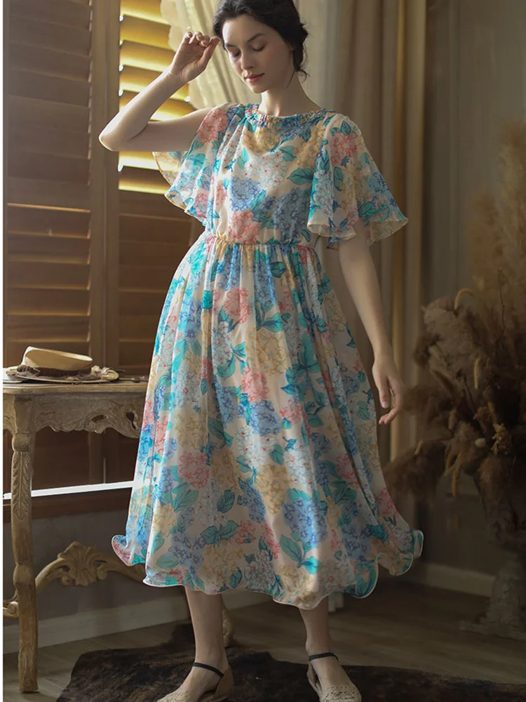 

Женское шифоновое платье с пышной юбкой, элегантное приталенное платье с цветочным принтом и рукавами-фонариками, в винтажном стиле, в стил...