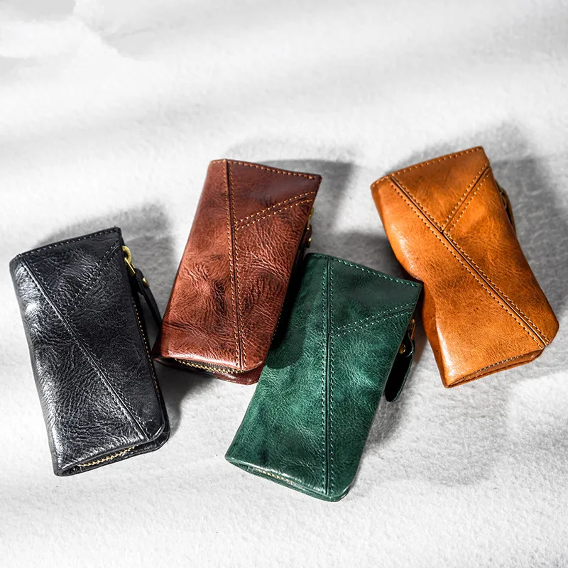 Fashion genuine leather stitching men's women's key bag outdoor daily high-quality luxury natural real cowhide brown coin purse