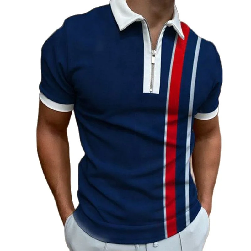 

Summer Men's Clothing Polo Shirts Streetwear Flag Print Casual Short Sleeve Tee Shirt Men Turn-Down Collar Zipper Prom Polo Tops