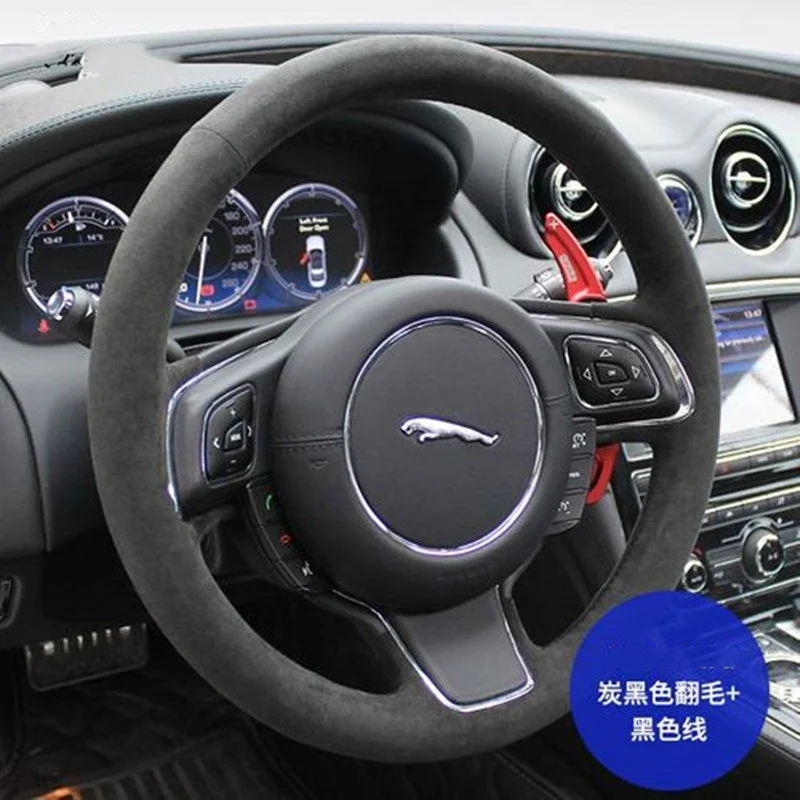 

DIY hand-stitched Black suede Leather car steering wheel cover for Jaguar XF XJL XE F-PACE F-TYPE Car Interior Auto Accessories