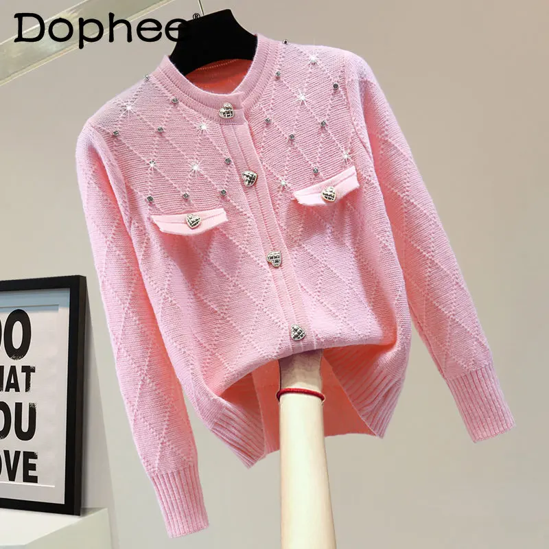 

Кардиган со стразами, женский осенне-зимний однотонный кардиган в Корейском стиле, повседневные пальто на пуговицах с длинными рукавами и с...