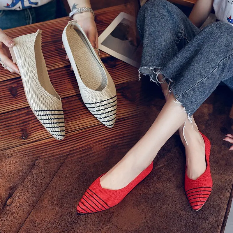 Slip on Mesh Loafers Breathable Stretch Ballet Shallow Flats Women Soft Bottom Pointed Toe Boat Shoes 35-40 Size 2022 New