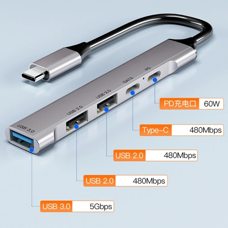 

4 in1 USB C Hub Multi USB Ports USB3.0 USB2.0 TypeC Docking Station PD60W Fast Data HUB Aluminum Alloy Adapter UltraSlim