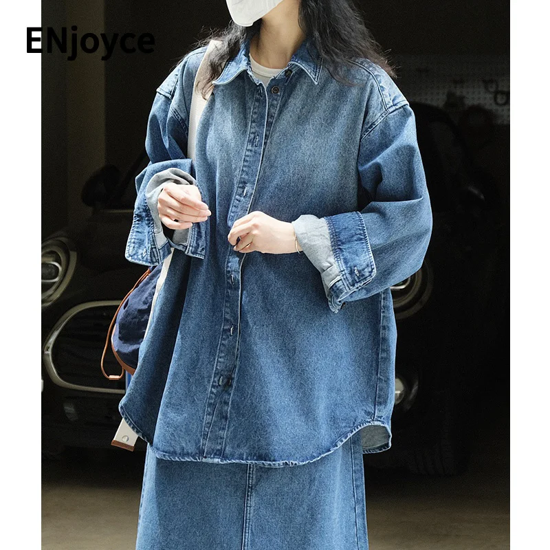 Spring Autumn Clothes Vintage Wide Shoulder Jeans Blouse Shirt Women Tops Casual Loose Version Single Breasted Denim Shirts