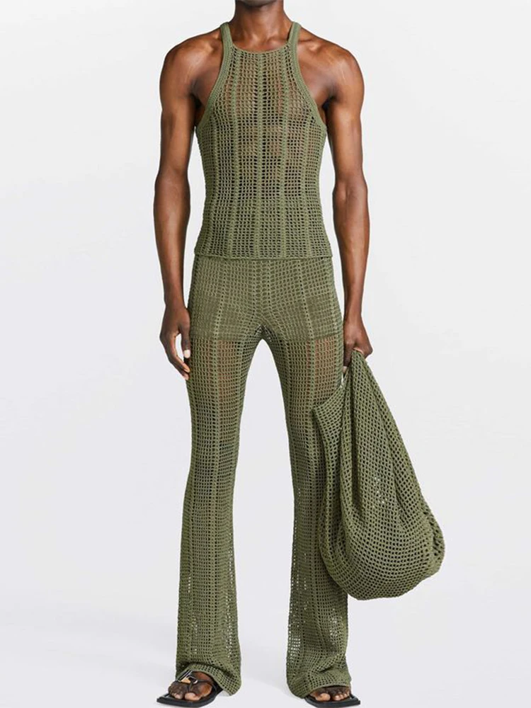 Casual Hollow Knit Vest Hollow Flare Casual Trousers Men's Fashion Suit Summer New Two-piece Set