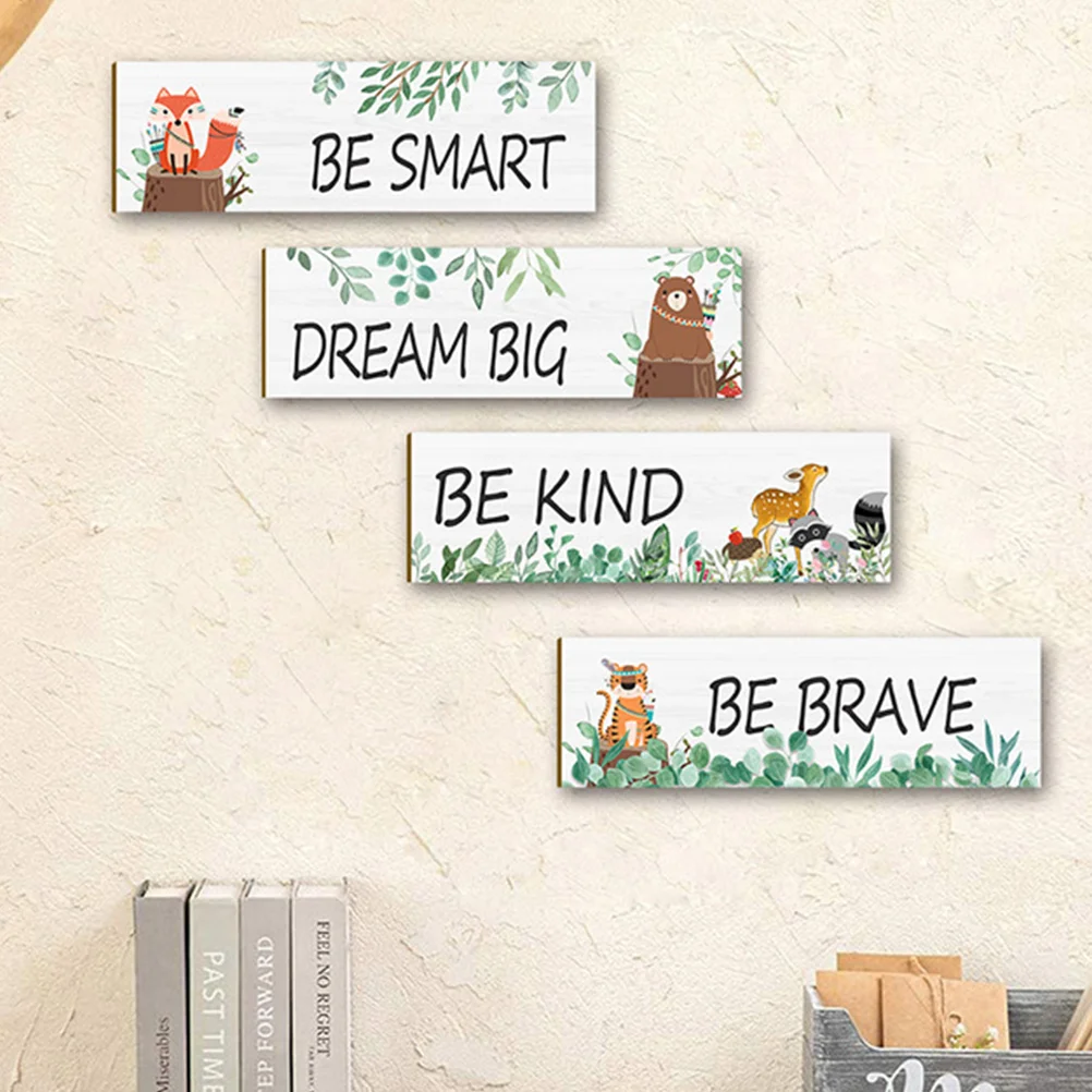 

4pcs Inspirational Rustic Wall Decor Cartoon Pattern Motivational Wall Plaque Office Wood Sign