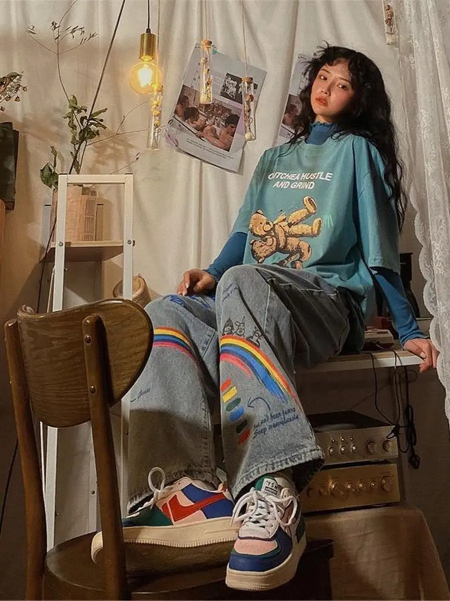 Модные радужные джинсы для девушек Ulzzang прямые брюки с широкими штанинами в стиле