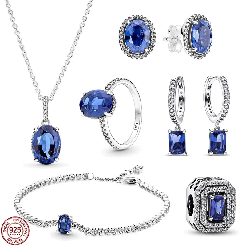 

Classic 925 Sterling Silver Shiny Blue Zircon Ring Bracelet Necklace Jewelry Set fit Original Charm DIY Exquisite Jewelry Gift