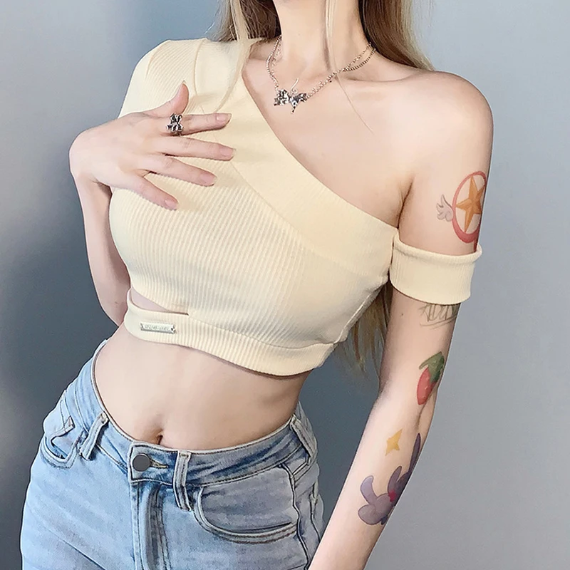 

Fashion Womens Summer Mini Ribbed T-Shirt Solid Color Short Sleeve One Shoulder Crop Tops Casual Club Street Style Hot S M L