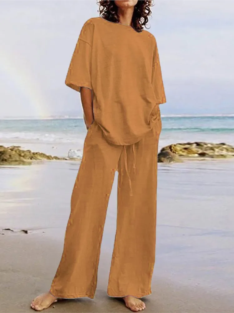 Женский Повседневный комплект из двух предметов топ с коротким рукавом и круглым