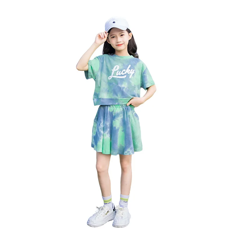 2Pcs Tie Dye Summer Big Kids Girls Clothes Tops T-shirt+Skirt Sets for Teens Young Children 10 11 12 13 14 15 16 Years Clothing images - 6