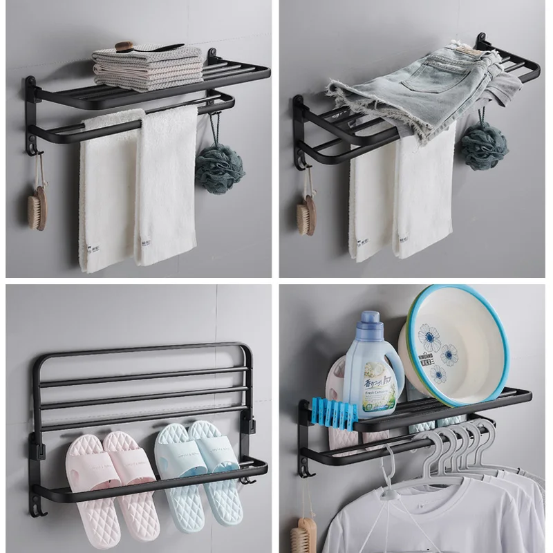 Матовые черные комплекты оборудования для ванны складная вешалка полотенец с