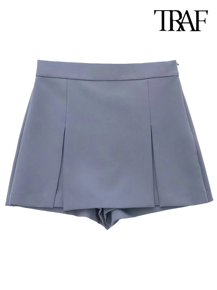 

TRAF Women Fashion Front Box Pleat Shorts Skorts Vintage High Waist Side Zipper Female Skort Mujer