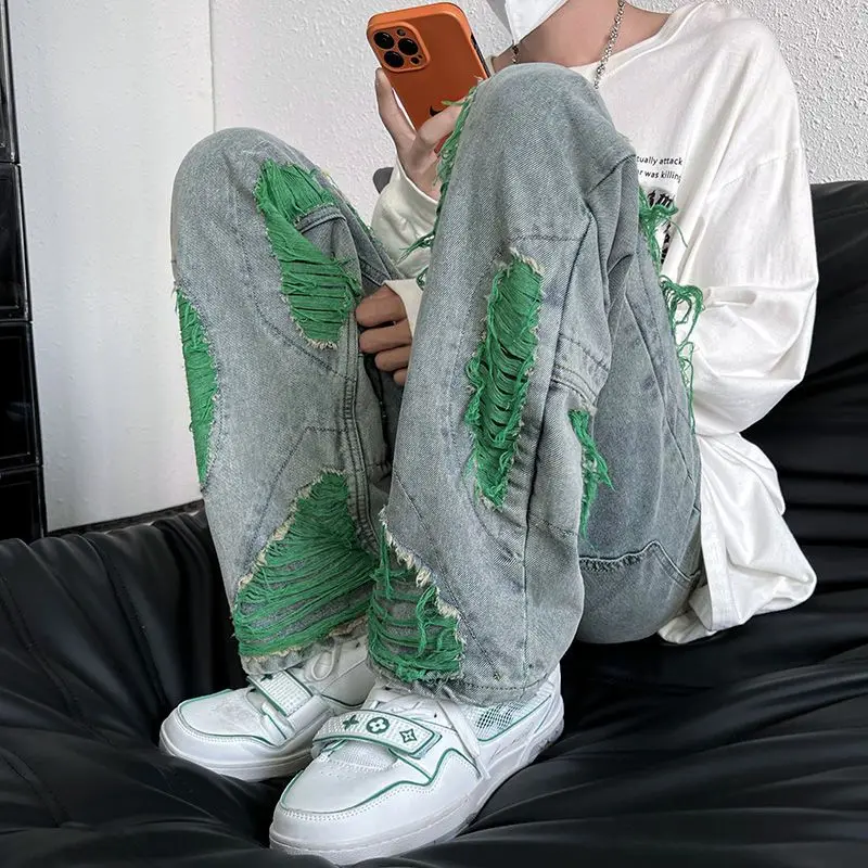 2022 High Street American Jeans Tide Brand Men's European And American Street Loose Wide Leg Tide Brand Red Line Ripped Trousers