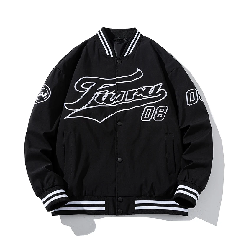 

Embriodery Letter Vintage Jacket Men Women Streetwear Basketball Jacket Winter Autumn Korean Jacket Men Casual Loose Coat Black