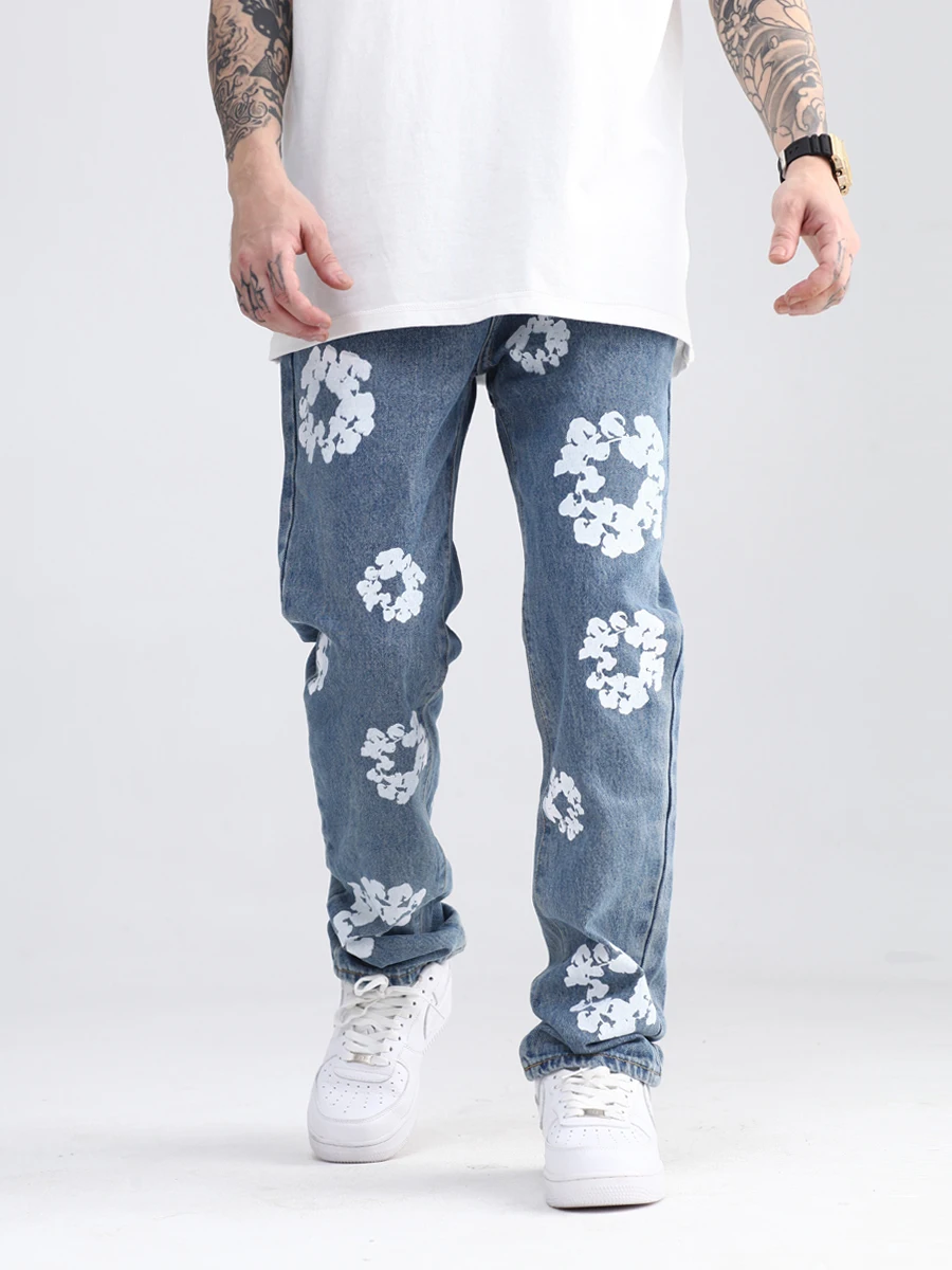 Four Seasons European Vibe Style Cotton Print Vintage Men Pencil Jeans Pants Washed Hip Hop Women Slim Kpop Denim Trousers JEANS