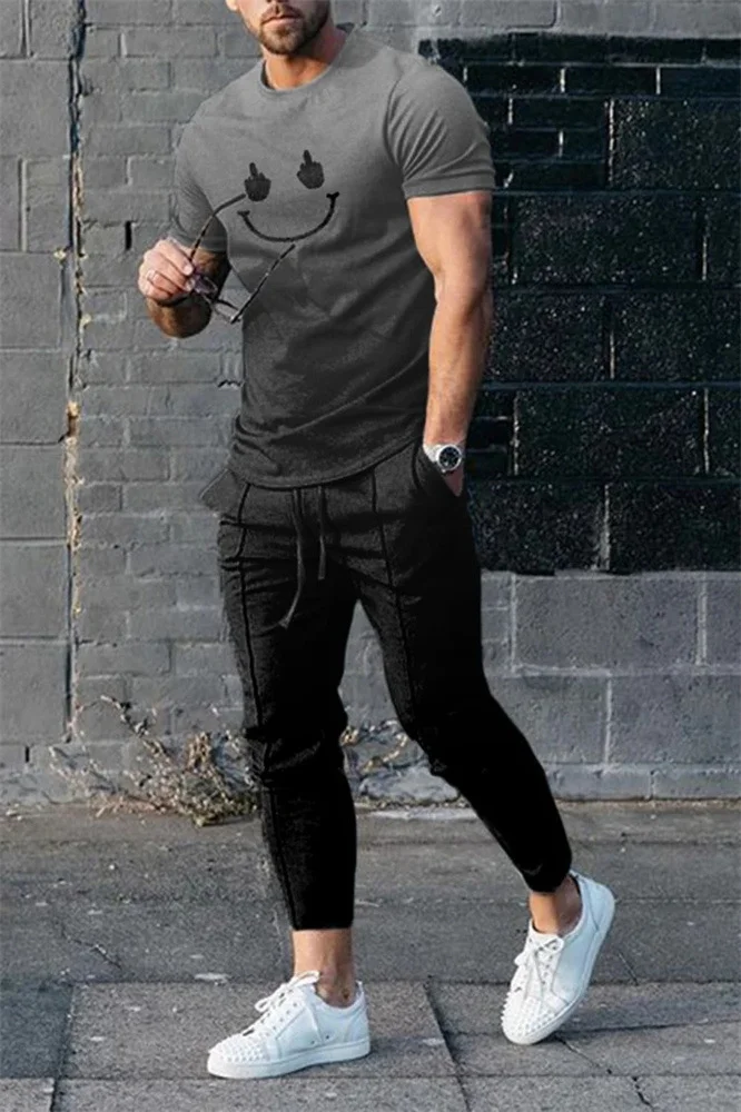 Men's Long Pants Sportswear 3D Printed Smile Short Sleeved T-shirt Casual Oversized Clothing Summer Sportwear Suit 2-Piece Set