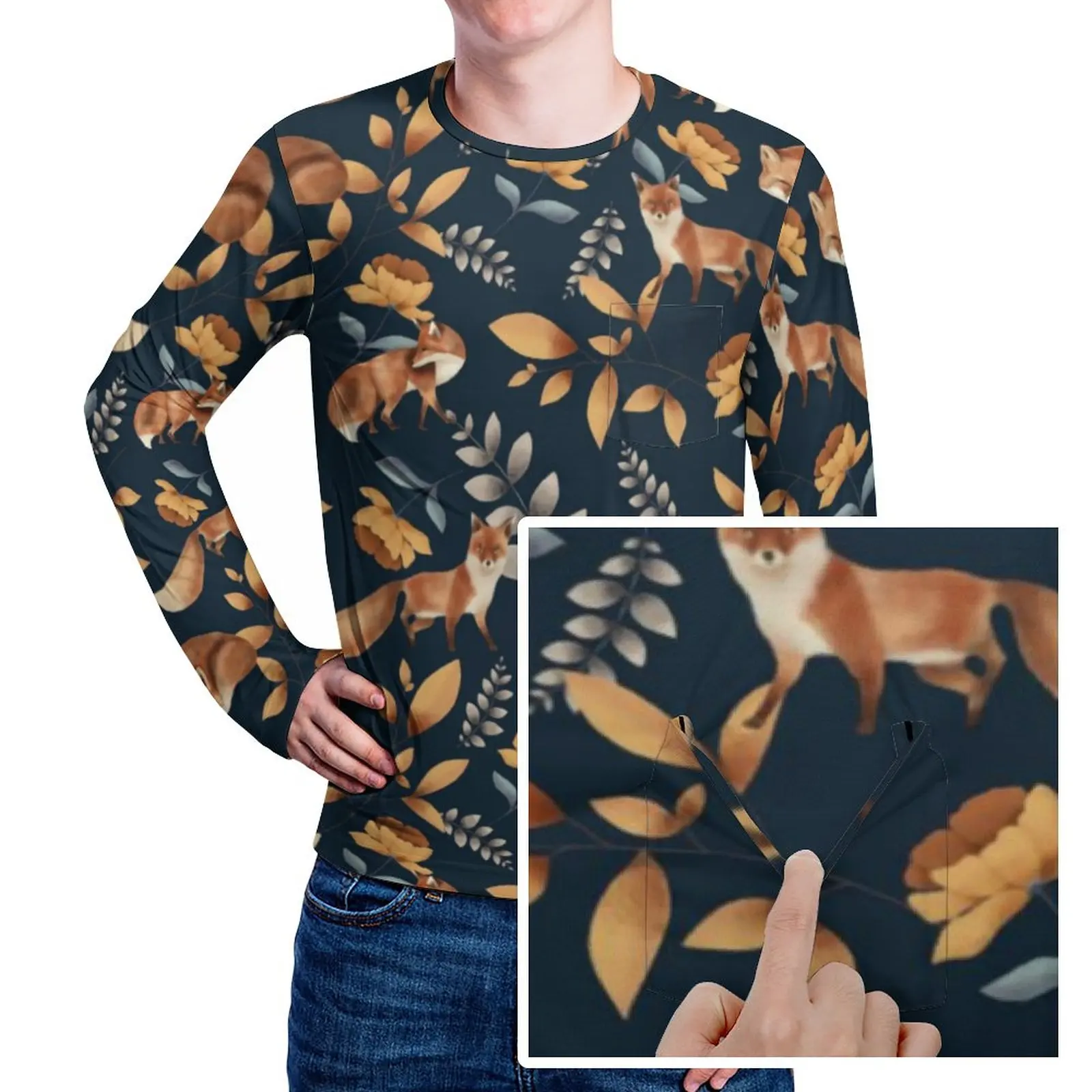 

Футболка с изображением диких животных, лисы, модные мужские футболки с современным цветочным принтом и карманом, ежедневный дизайн, фотосессия, подарок