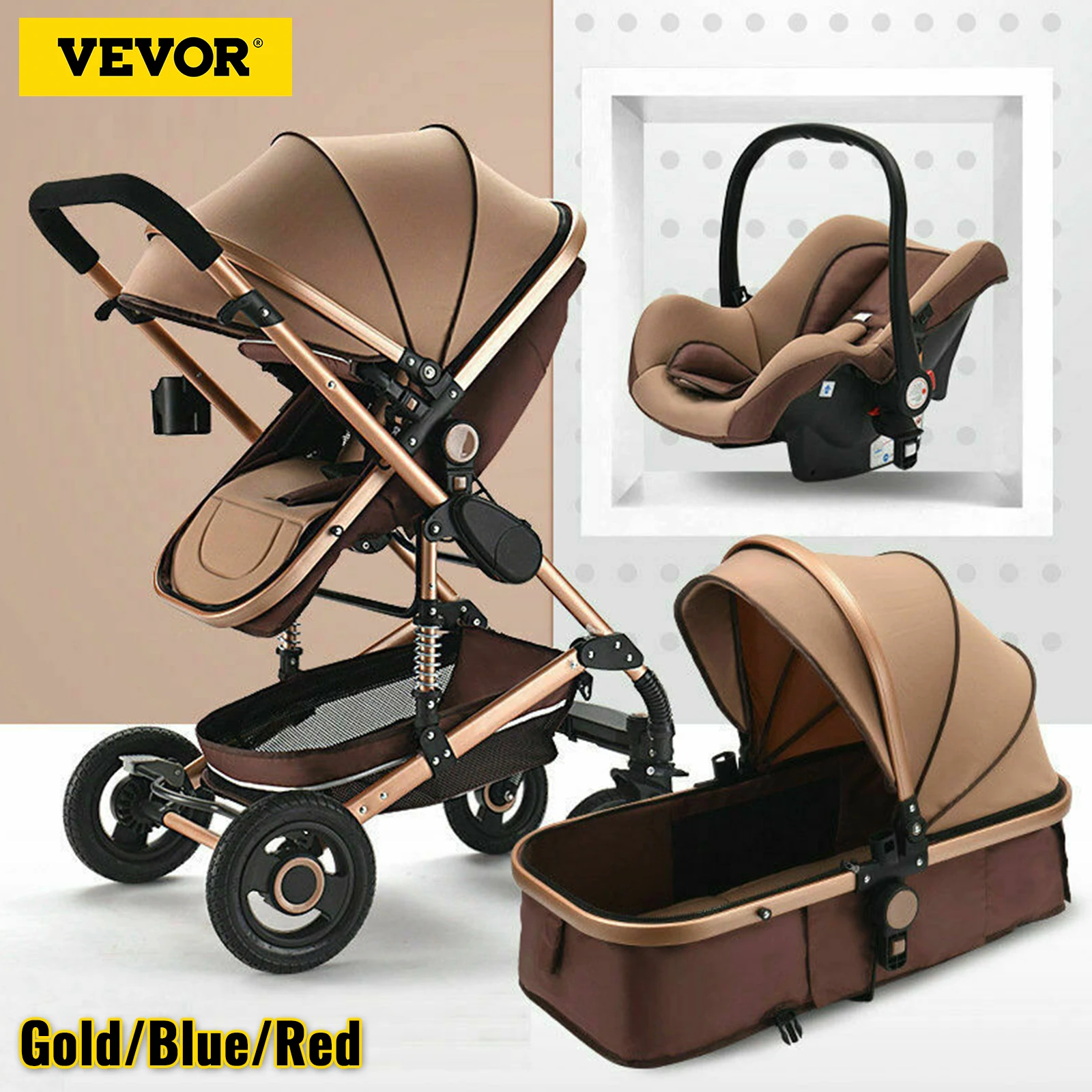 

VEVOR Luxurious Baby Stroller 3 in 1 Portable Travel Reclining Baby Carriage Folding Pram for Newborn Baby Bassinet Pushchair