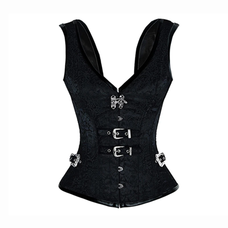 Black Gothic Style Brocade Vest Corset Woman 12 Steel Bones V-Neck Silver Buckle Slimming Waist Corset Top S-XXL DropShipping