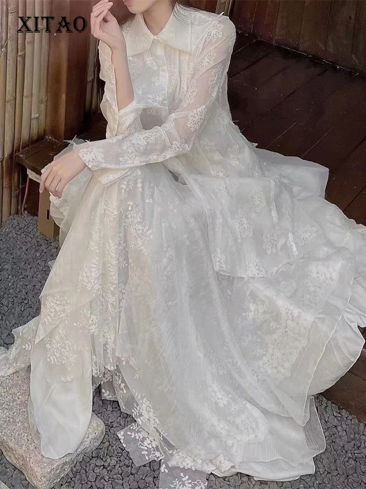 

XITAO Lace Two Piece Set Dress Turn-down Collar Single Breasted Full Sleeve Elegant Goddess Fan 2022 Temperament SMH1445