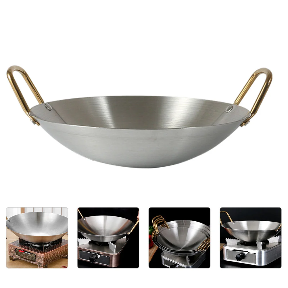 

Pot Wok Pan Steel Frying Stainless Deep Round Fry Cookware Bottom Iron Chinese Stovetop Reheating Large Pans Stir Kitchen Cast