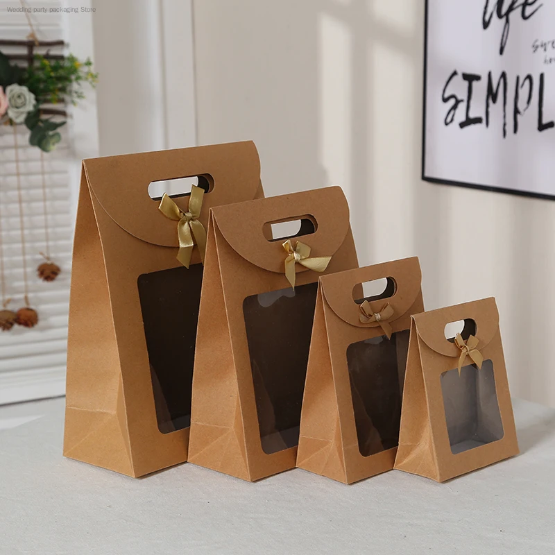 Handle Hand Poket With Cover Lid Thick Kraft Window Show Decor Package Box Kraft Paper Folding Flower Bag