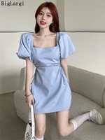 sexy mini summer hollow out dress women puff sleeve wrap ladies dresses korean lace up elegant bodycon woman dress 2022 new
