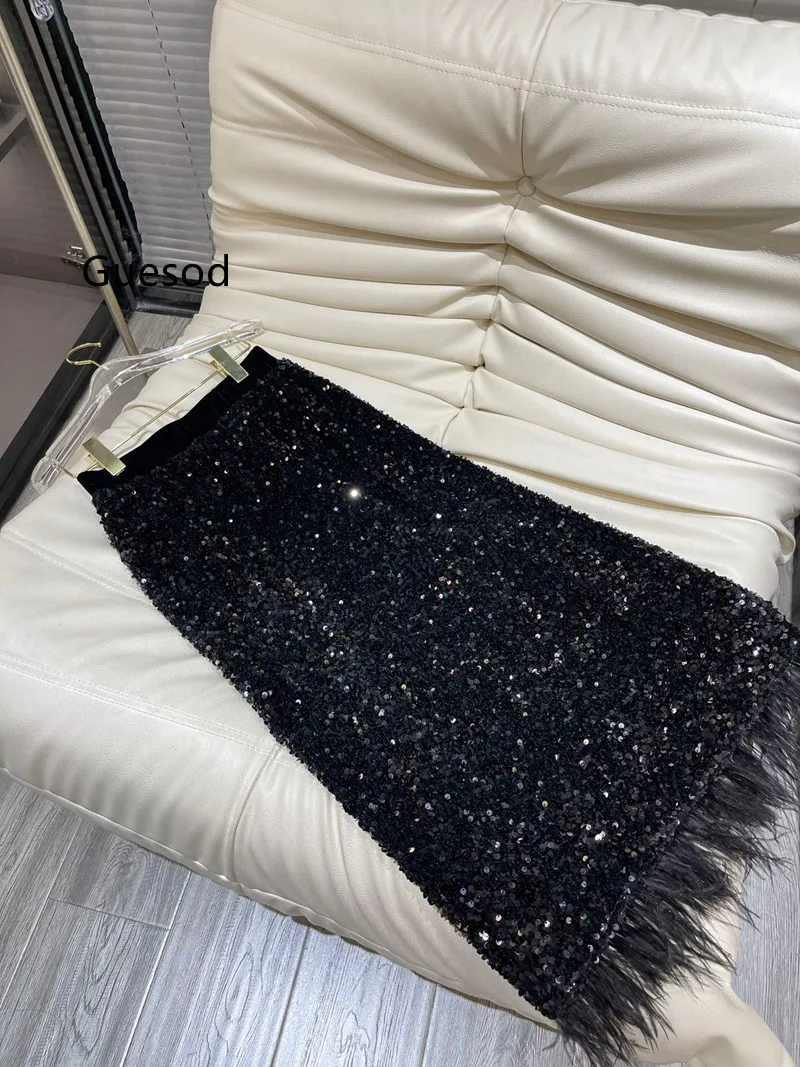

Модная женская элегантная юбка в стиле Хепберн во французском стиле, дизайнерская черная юбка средней длины с блестками и перьями, новое поступление