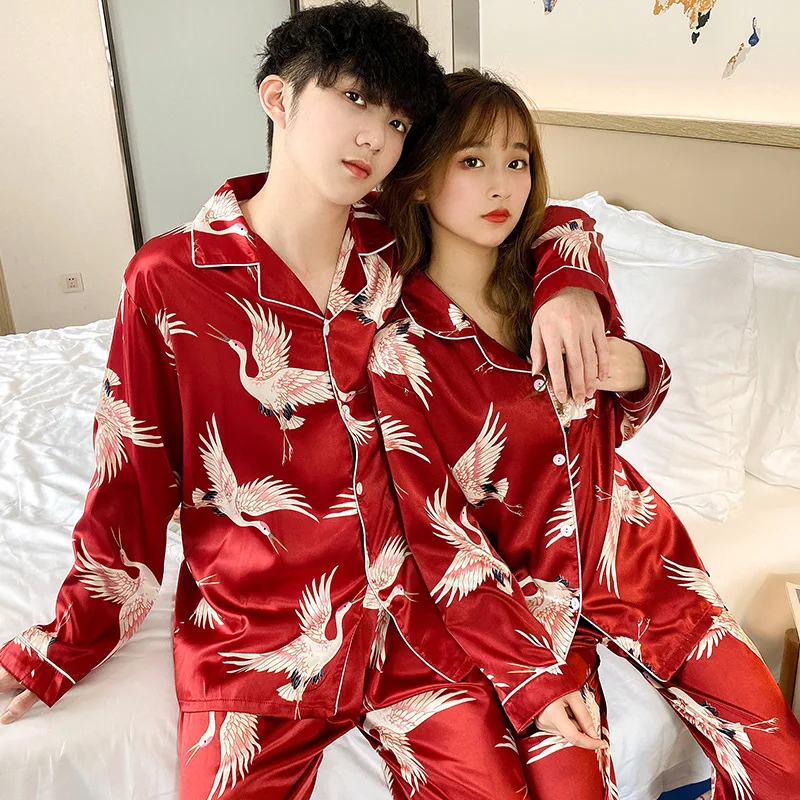 Lovers pajamas in the spring and autumn style ice silk red summer leisure wear long sleeve two-piece newly married men and women