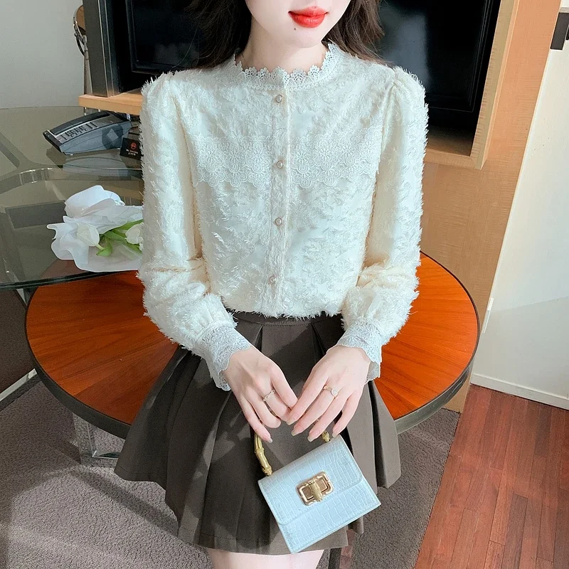 Новая женская рубашка с длинным рукавом и воротником-стойкой кружевная