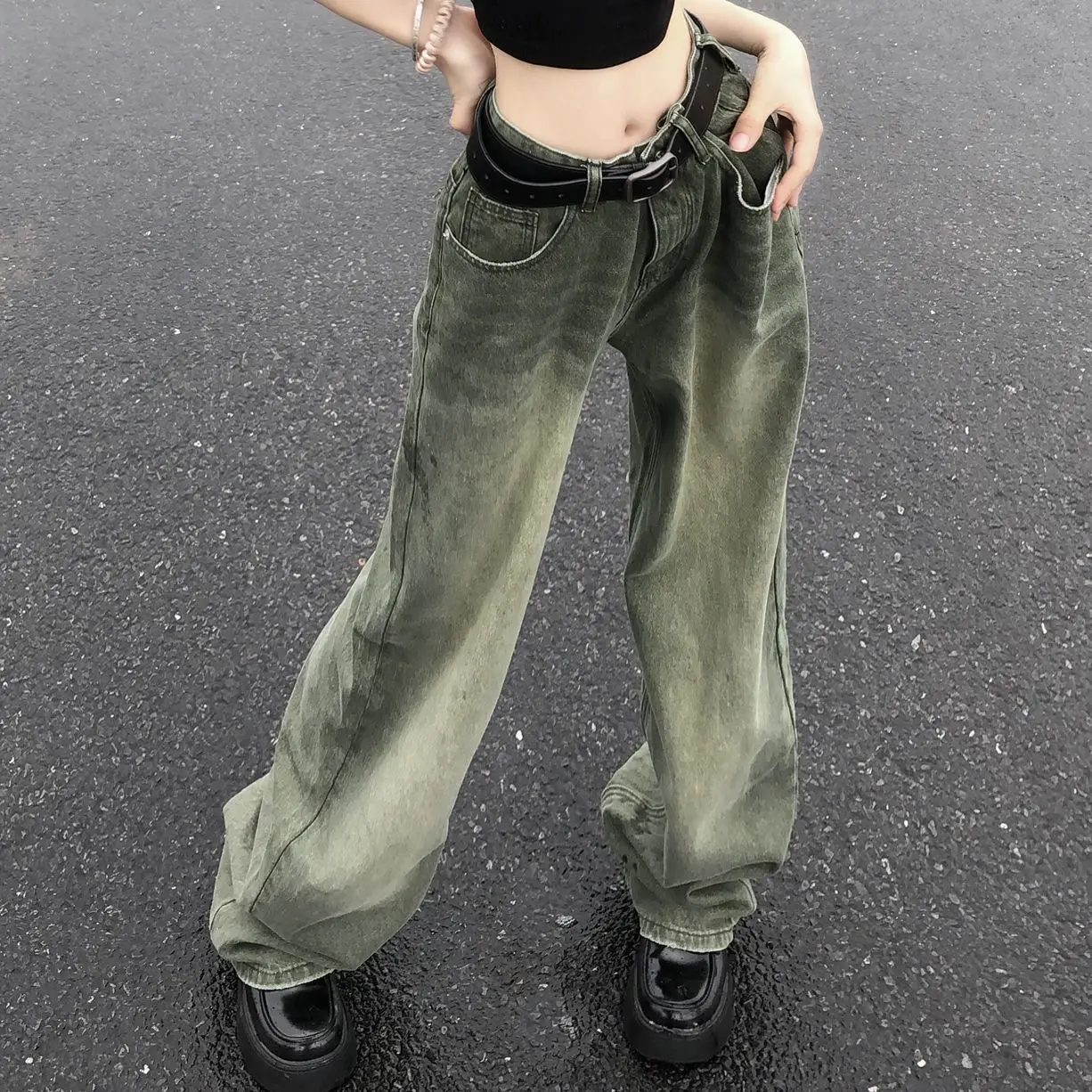 

Состаренные винтажные прямые грубые джинсы с завышенной талией, повседневные модные брюки с широкими штанинами Y2k, женская уличная одежда