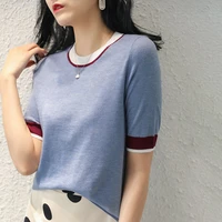 short sleeved woolen sweater temperament 2022 summer new womens casual top thin section two color stitching round neck pullover