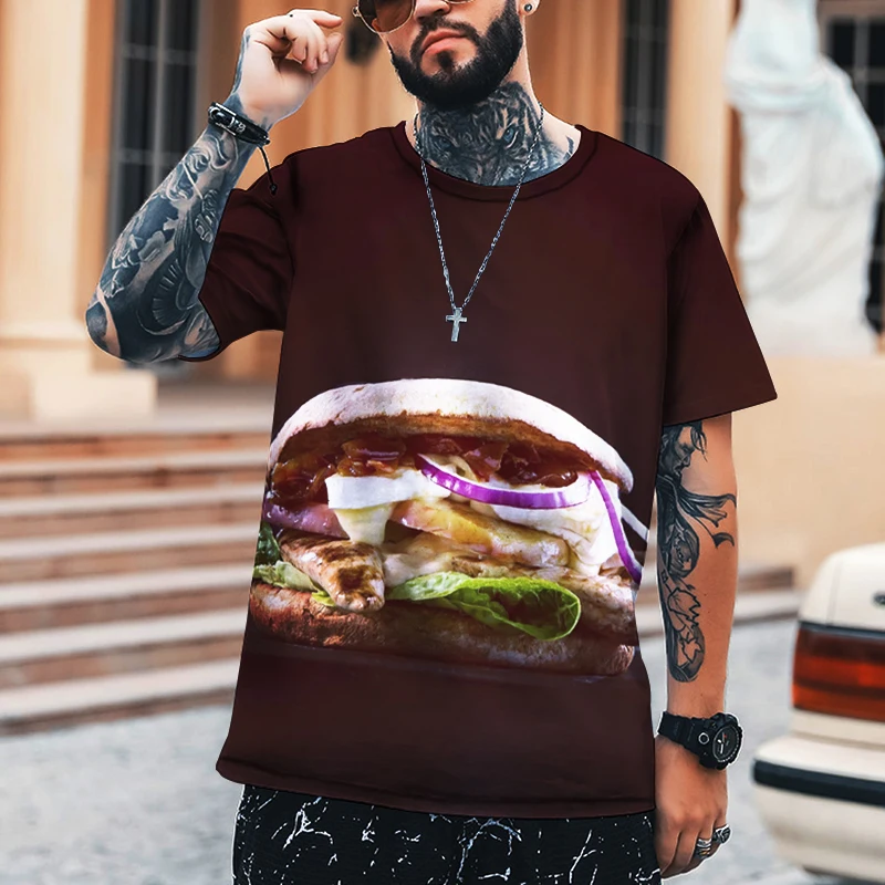 Мужская рубашка 2022 еда гамбургер пиво жареная курица 3D-печать футболка с круглым