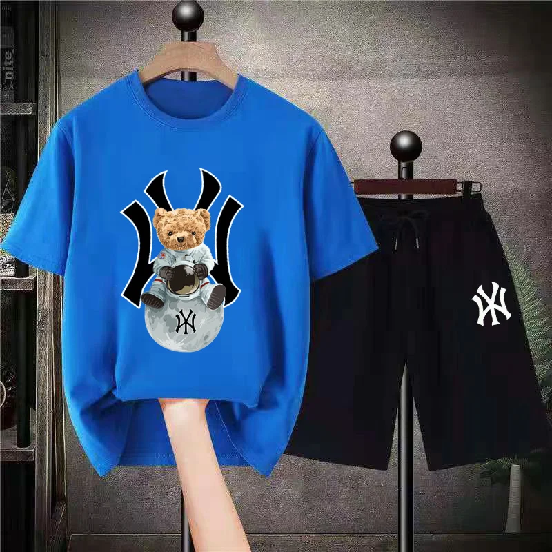Astronaut Bear Graphic Short Sets USA Style Luxury Print T Shirt Shorts Oversized Streetwear Fashion Men Tee Suit