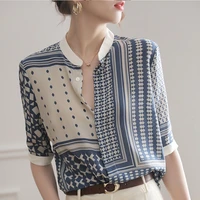 summer womens blouse chiffon o neck standing collar printed office lady shirts vintage half sleeve tops female clothing