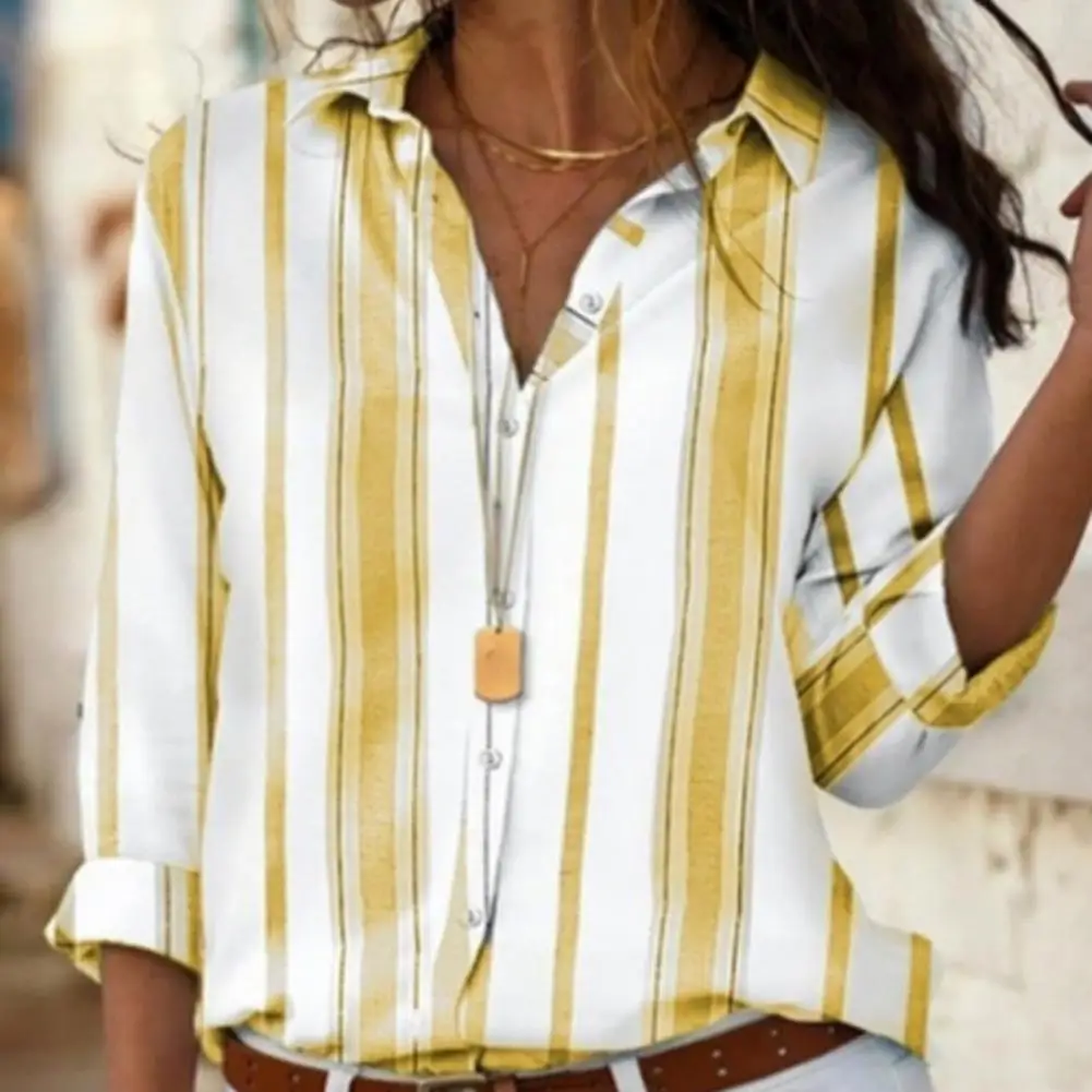 

Femme Elegant Blouse Shirts Blouses Summer Long Sleeve Casual Tops Women Shirt Buttons Closure Loose Striped Office Shirt Ladies