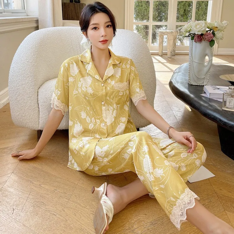 2023 Summer New Pajamas Suit Women's Ice Silk Short Sleeve Trousers Lace Suit Can Be Outerwear Homewear