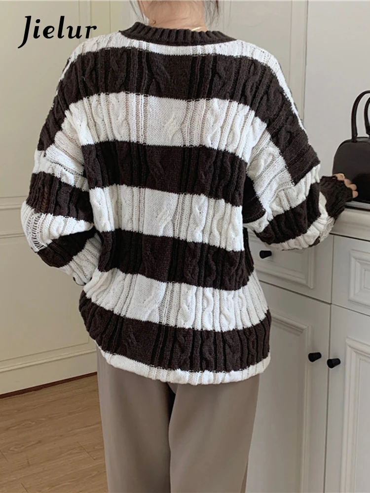 Jielur Женский вязаный свитер Свободный пуловер кофейного цвета с круглым вырезом и