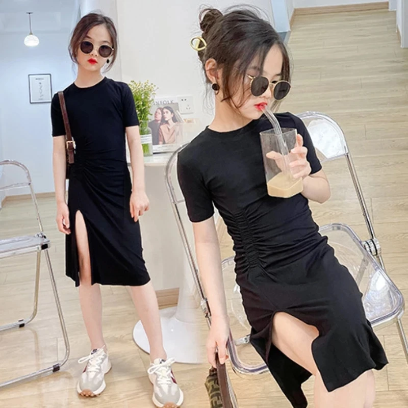 

Летнее Хлопковое платье для девочек-подростков, облегающие длинные топы, модная уличная одежда для детей, черное платье для девочек 4, 6, 8, 10, ...